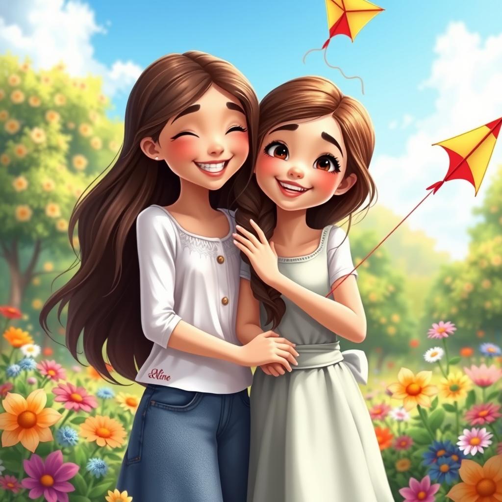 A heartwarming scene showcasing two sisters, Maria and Aline, depicted in a delightful and vibrant environment