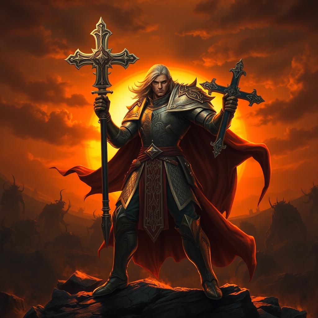 A heroic character wielding a powerful cross as a weapon, standing valiantly against dark forces