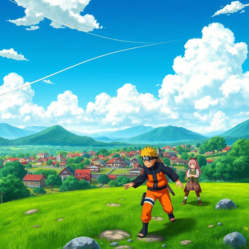 A vibrant scene inspired by the world of Naruto, featuring the name 'Aline' artistically integrated into the landscape