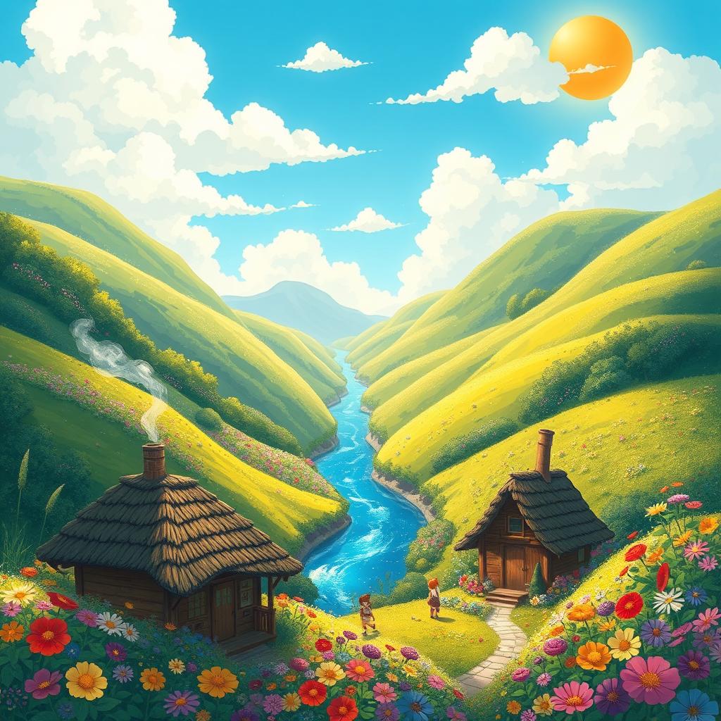 A whimsical, colorful landscape illustration reminiscent of Studio Ghibli's enchanting style