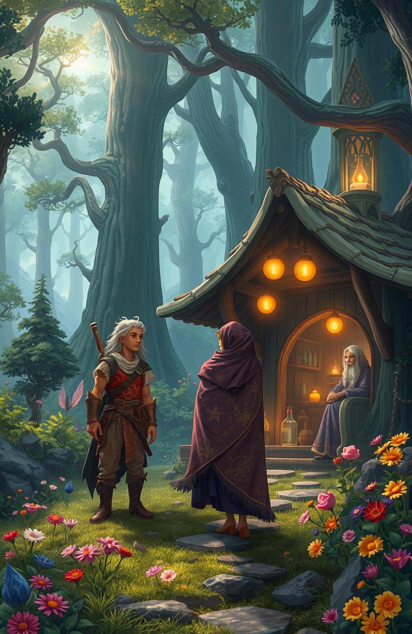 In a mystical forest, Wono, a brave adventurer dressed in a rustic tunic and leather armor, and his wise Aunt Zai, wearing flowing robes adorned with celestial patterns, journey to visit the enigmatic Witch of Zula