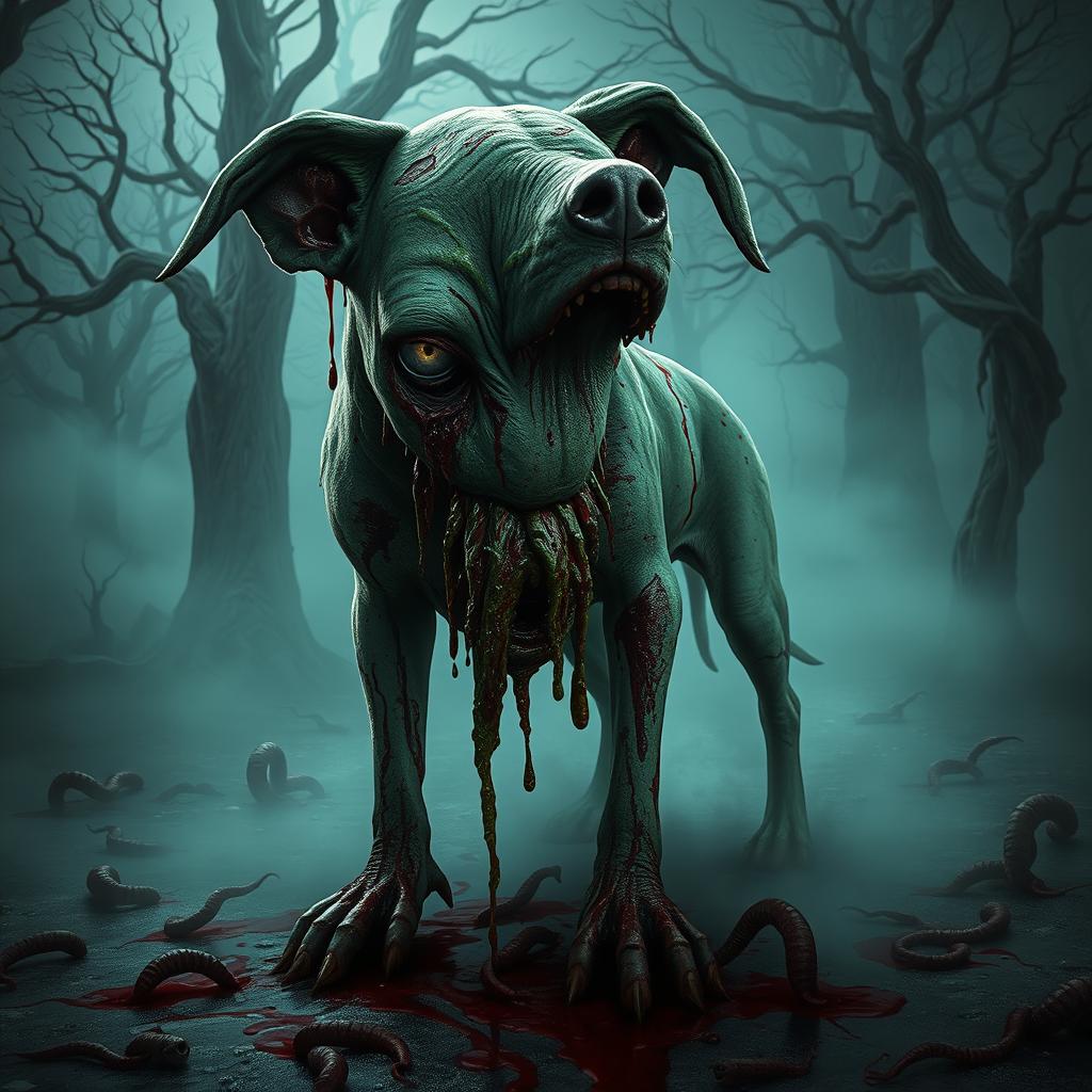 A horrifying and grotesque scene featuring a zombie dog, its body gruesome and covered in blood and toxic green ooze
