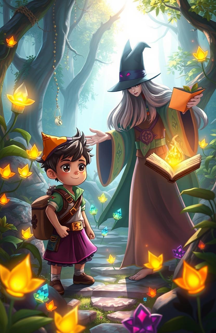 A vibrant fantasy scene depicting Wono and Aunt Zai visiting the mystical Witch of Zula