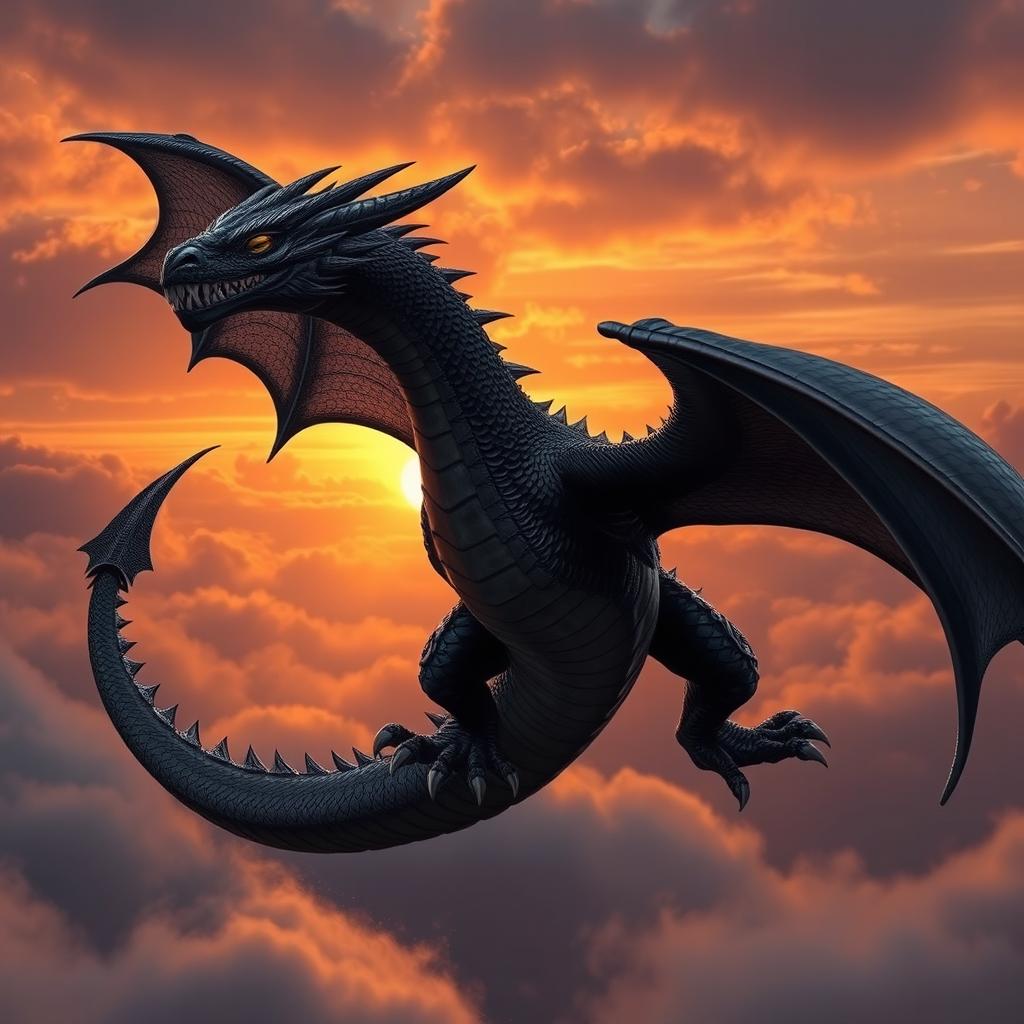 A majestic black dragon with shimmering scales, large wings spread wide and soaring through a cloudy sky