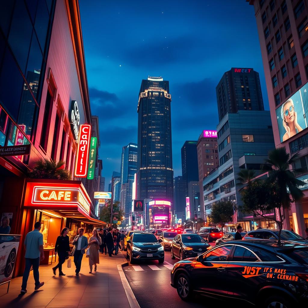 A stunning nighttime cityscape featuring a vibrant, bustling street illuminated by colorful neon lights