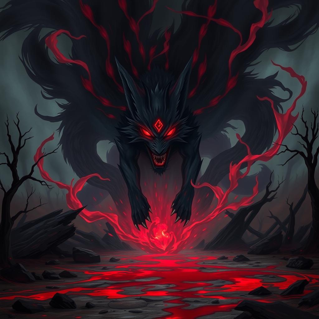 A dark and terrifying scene inspired by Naruto, featuring the Nine-Tails Fox (Kurama) in a monstrous and menacing form