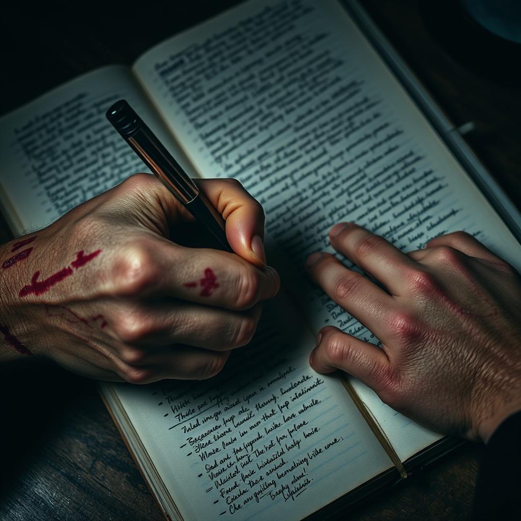 A close-up of hands with aggressive marks, possibly bruises or scars, gripping a pen tightly as if writing desperately