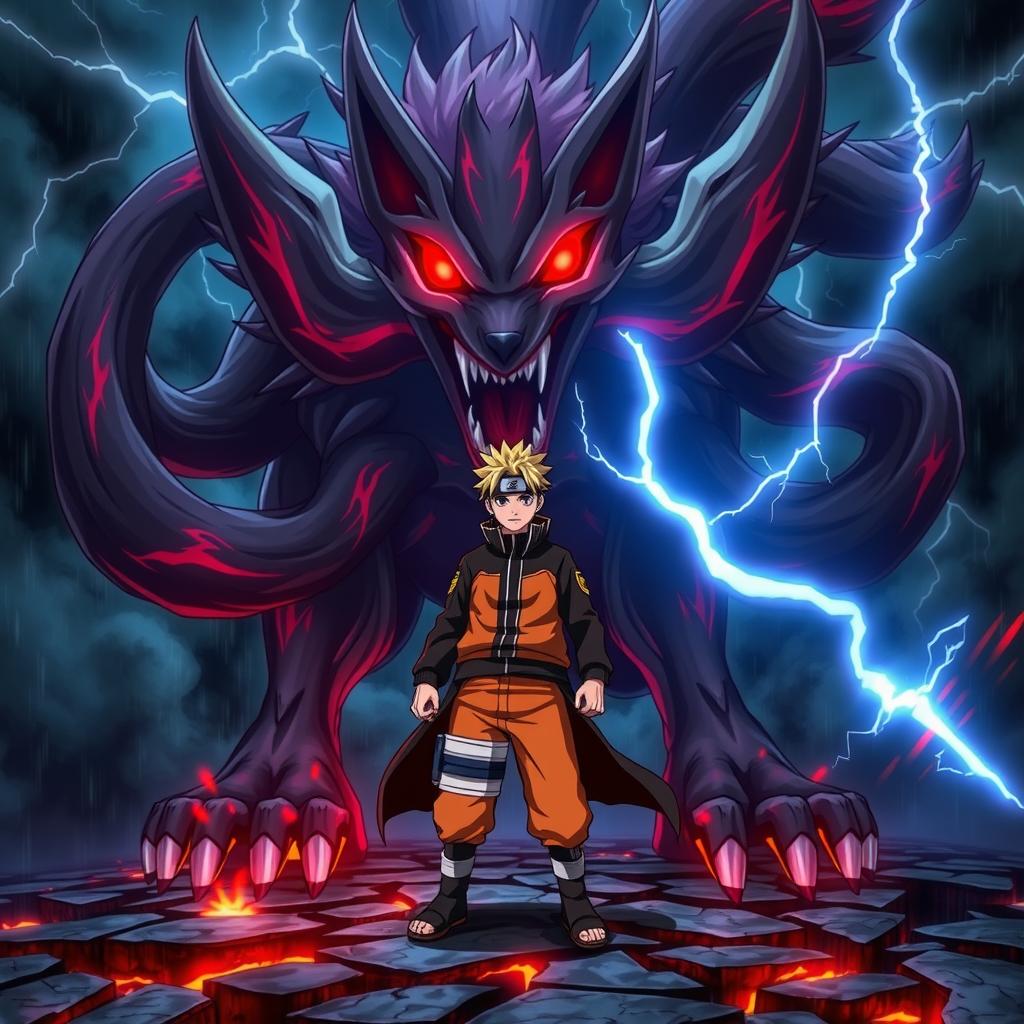 An intense and fearsome depiction of the Nine-Tails Fox (Kurama) in a terrifying pose alongside Naruto