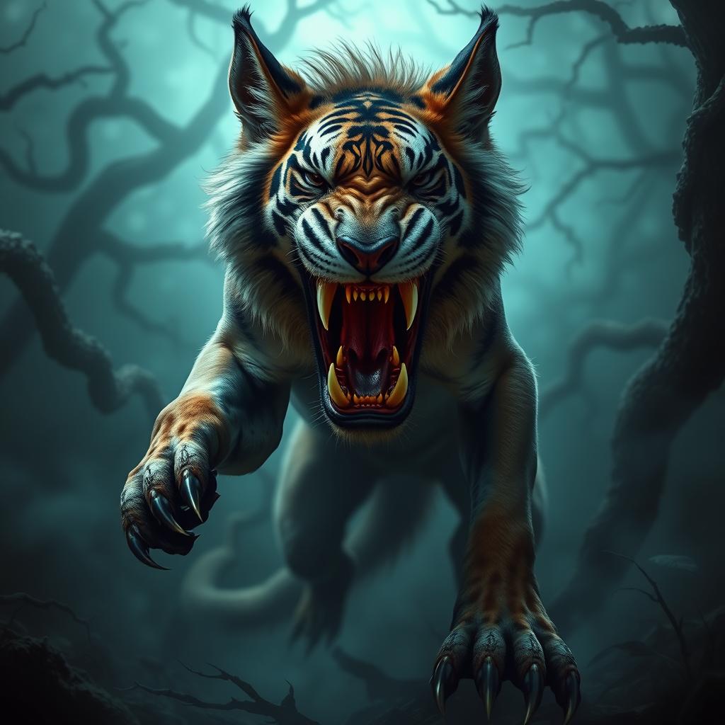 A terrifying scene featuring a monstrous hybrid creature, combining elements of a dog, lion, and tiger, evoking a sense of fear and dread