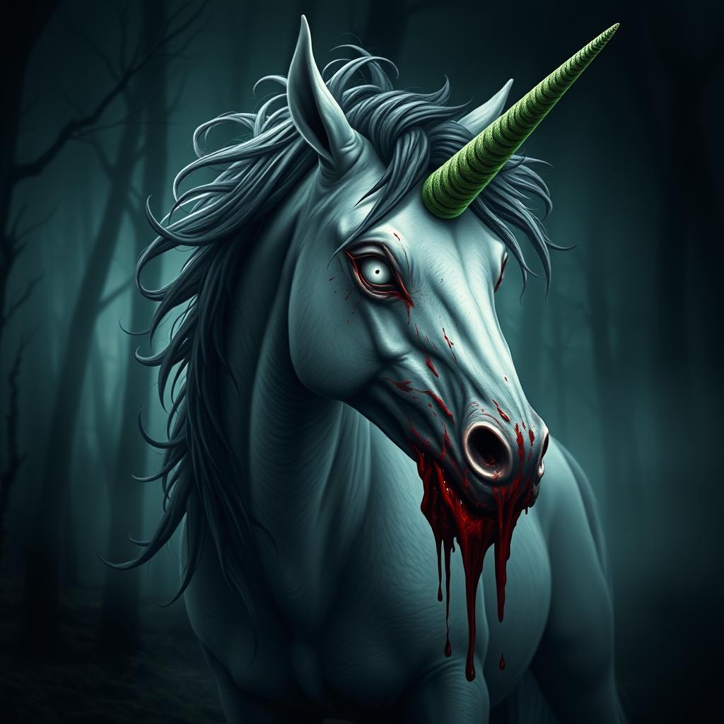 A terrifying depiction of a unicorn with a gruesome twist