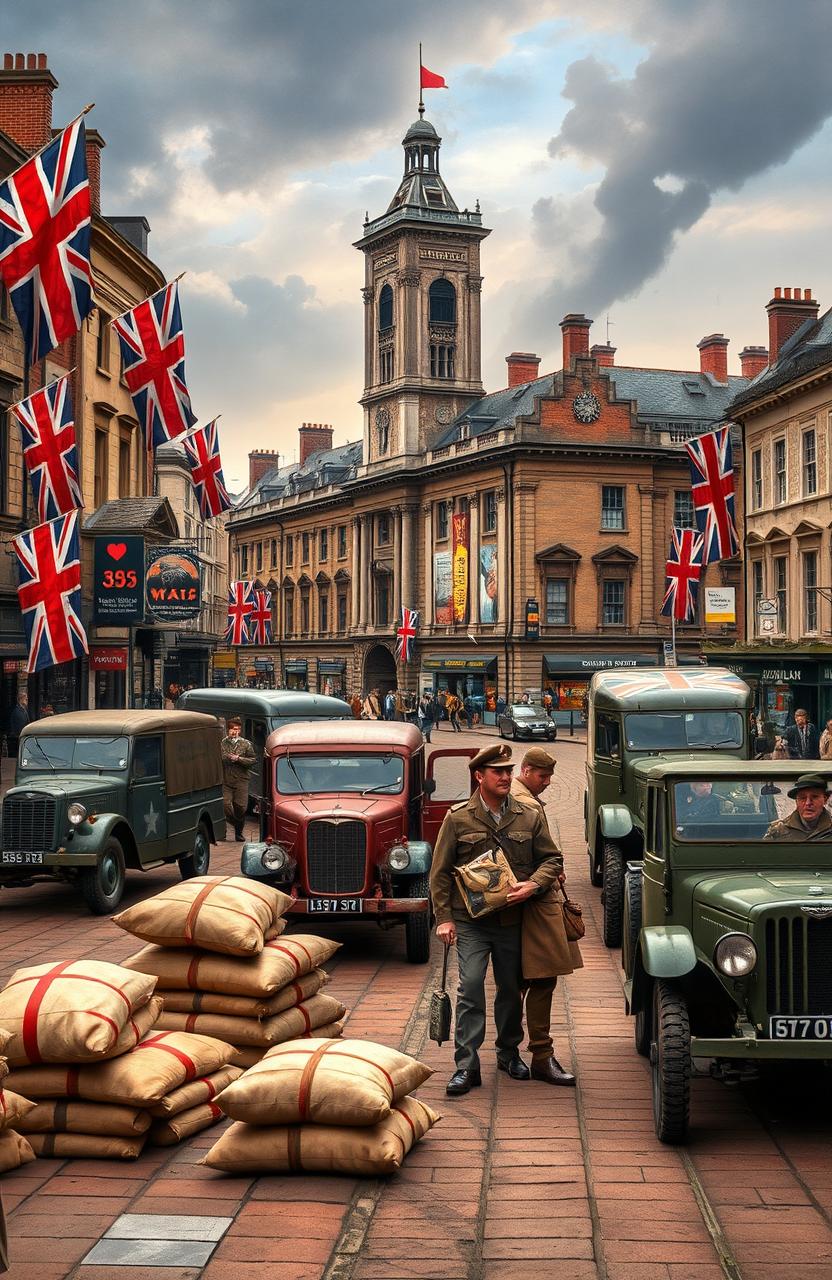 A detailed scene of Great Britain during World War II, showcasing iconic elements such as sandbagged streets, vintage military vehicles, and British soldiers in period-appropriate uniforms