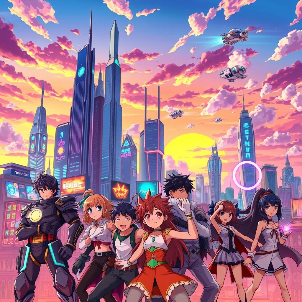 A vibrant, dynamic anime scene featuring a futuristic city skyline at sunset