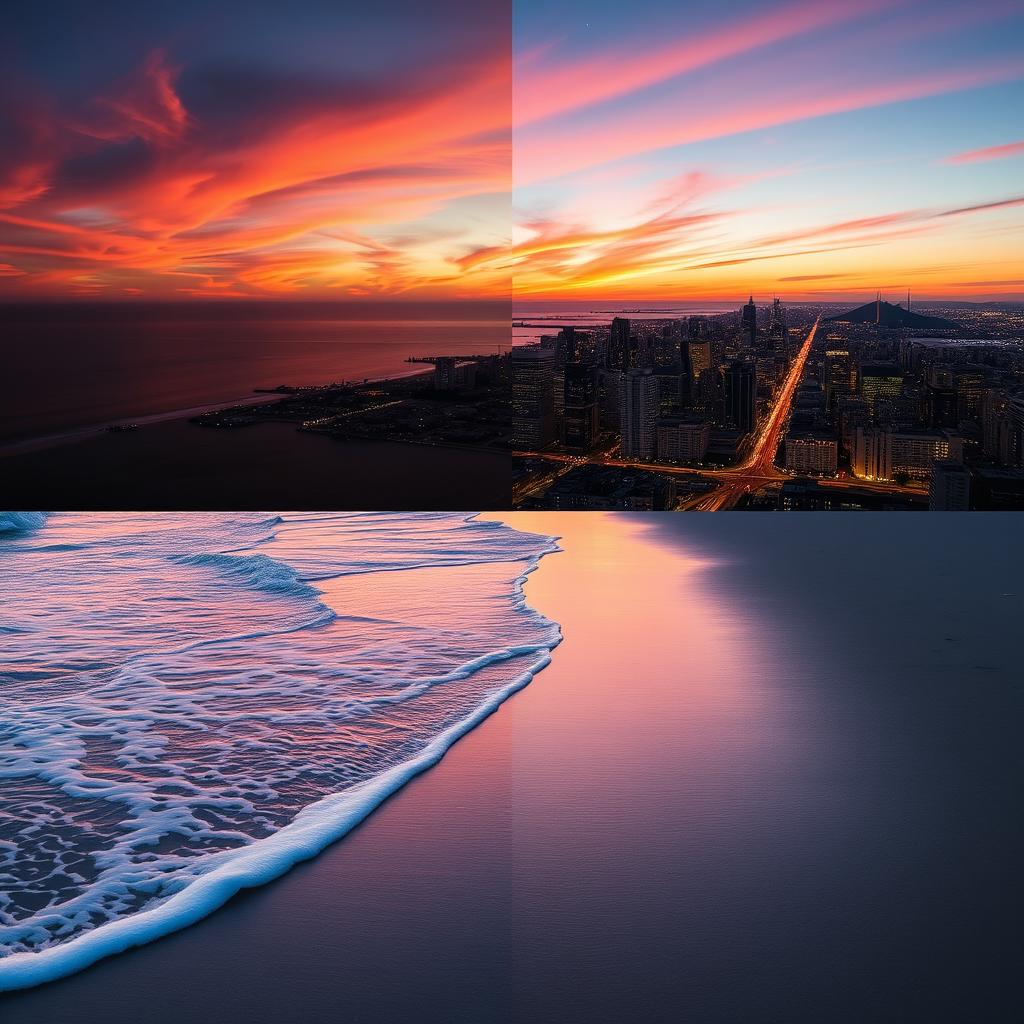 A seamless blend of two distinct scenes: on one side, a vibrant sunset over a tranquil beach with gentle waves lapping against the shore, casting warm hues of orange, pink, and purple across the sky, and on the other side, a bustling city skyline at night, illuminated by thousands of lights and a starry sky above