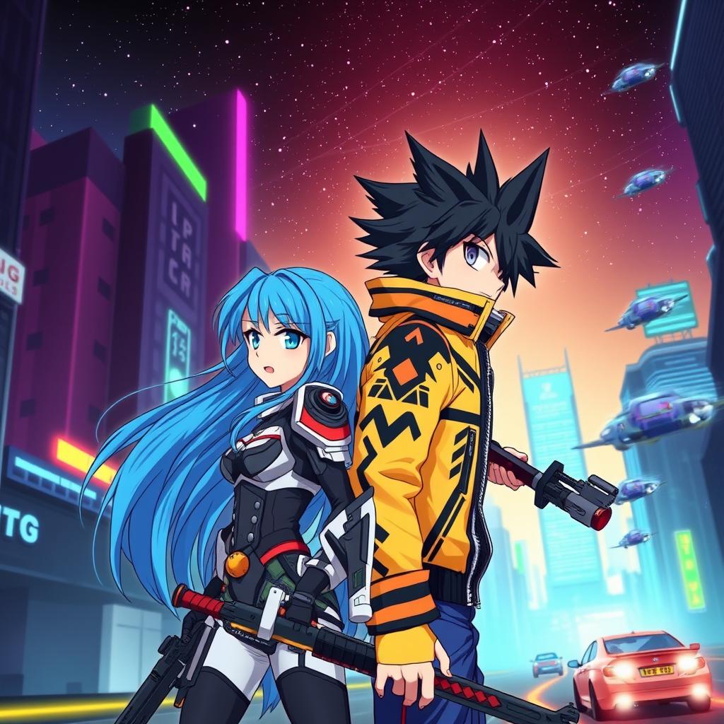A vibrant and colorful anime-style illustration featuring a dynamic scene of two heroes standing back-to-back in a futuristic cityscape