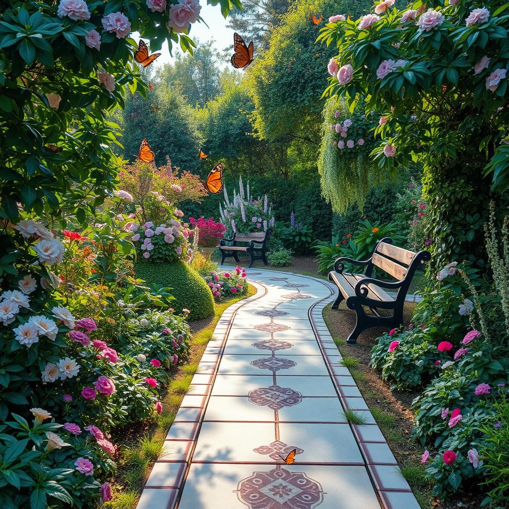 A serene garden featuring a beautifully designed pathway made of decorative tiles leading through lush greenery, blooming flowers, and various plants