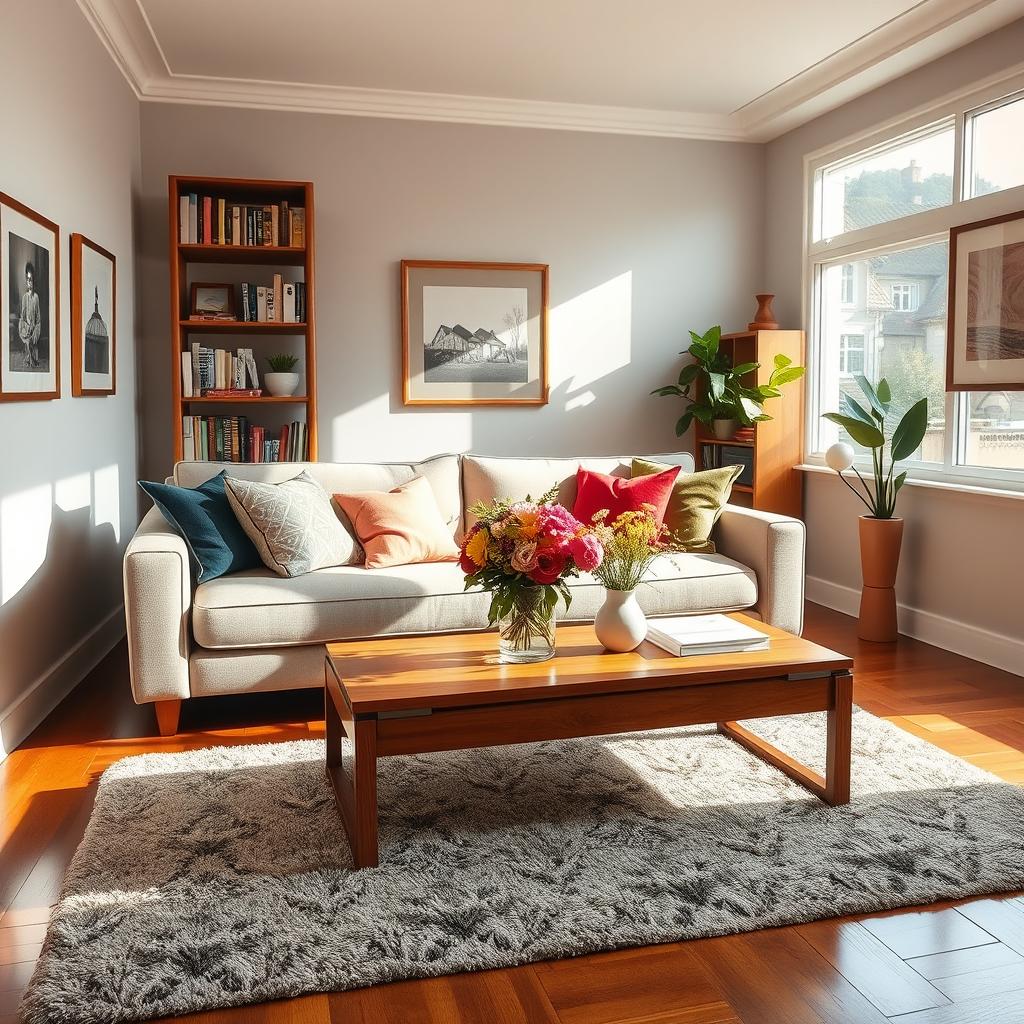 A cozy living room scene featuring a stylish sofa with colorful cushions, a warm wooden coffee table adorned with a vase of fresh flowers, and a bookshelf filled with books and decorative items