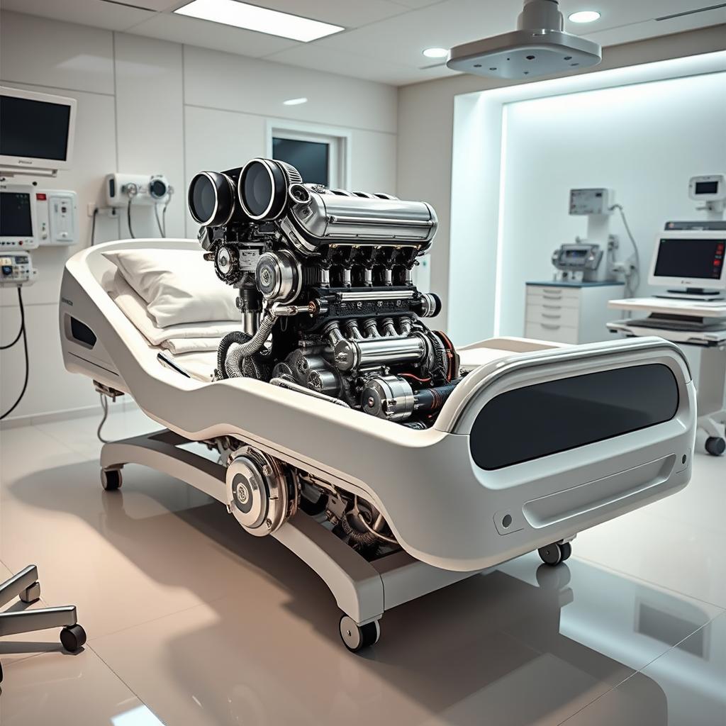 A hospital bed intricately designed with a powerful V12 engine integrated into its structure