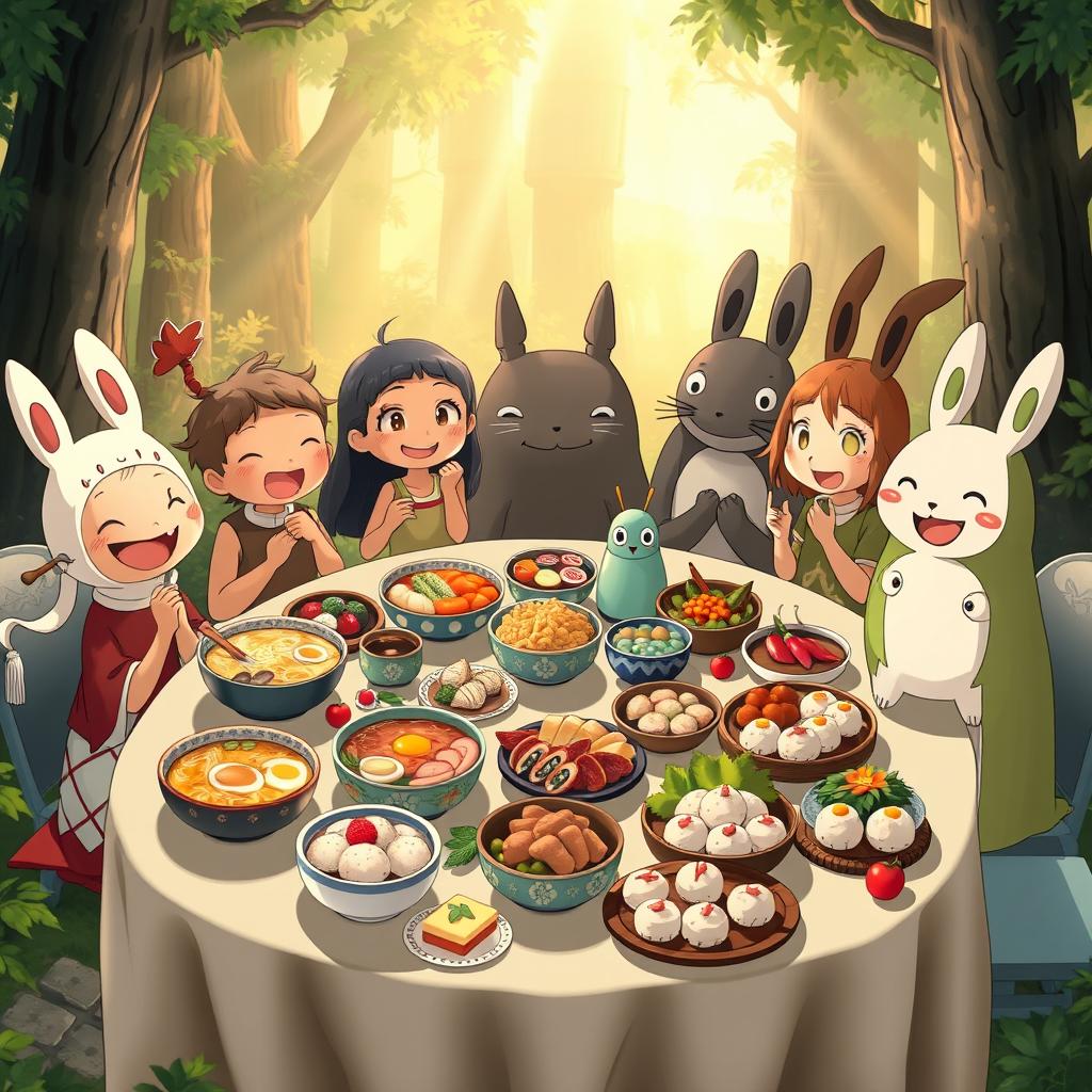 A whimsical group of characters inspired by Studio Ghibli, gathered joyfully around a beautifully arranged table filled with a delightful spread of Ghibli-style food