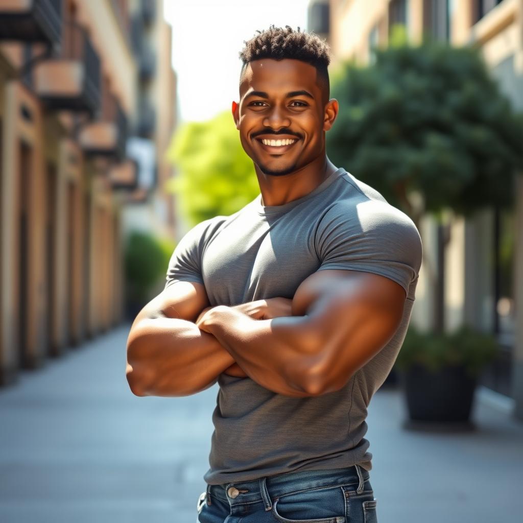 A muscular man with brown skin, showcasing strength and confidence