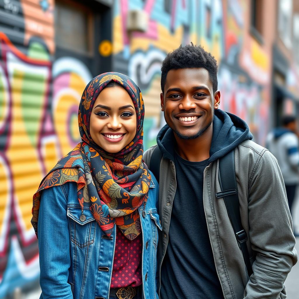 A beautiful hijabi girl, dressed in a stylish, colorful hijab, standing confidently next to a young Black man, who is wearing casual, trendy clothing