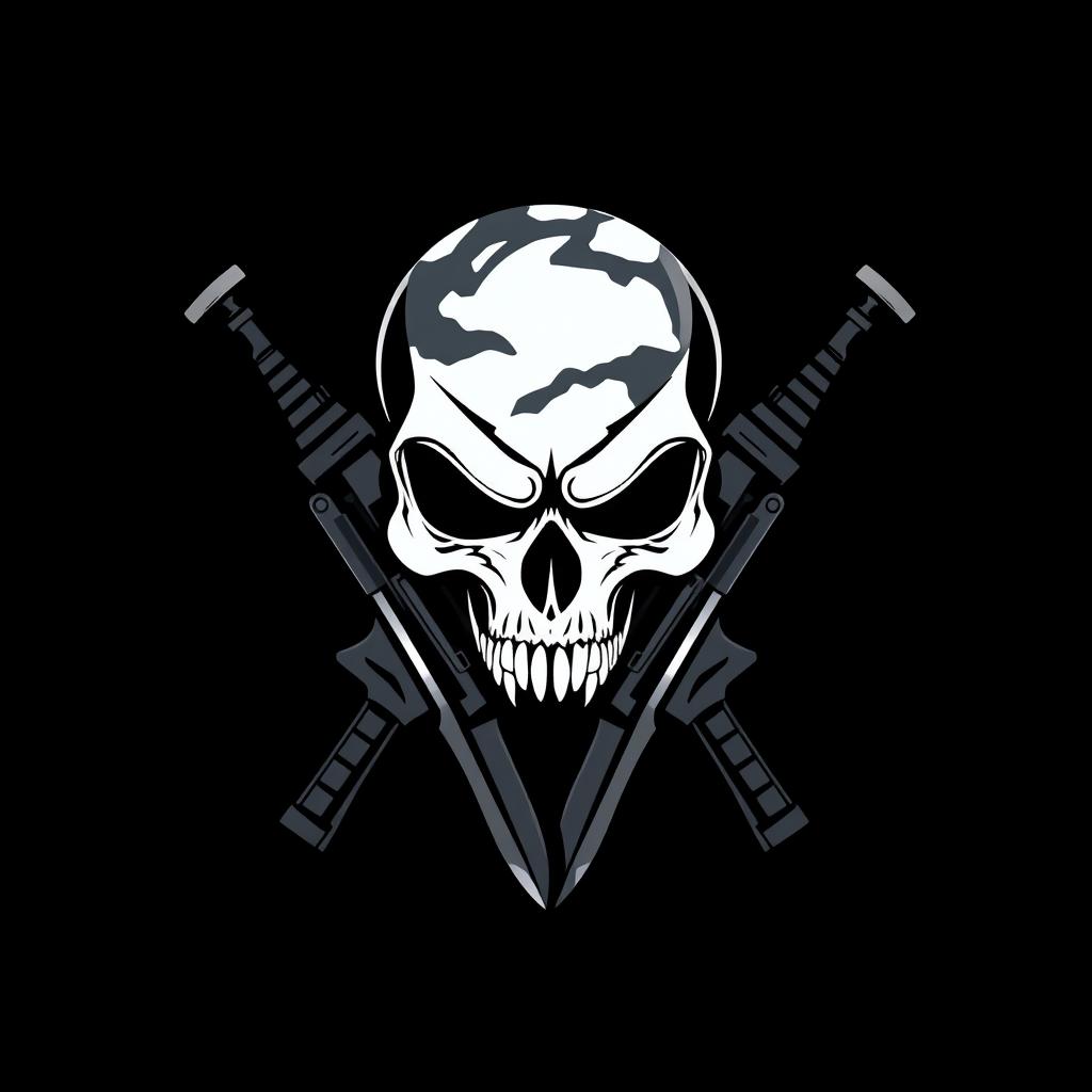A sleek and modern symbol representing a black ops squad, featuring a stylized skull intertwined with tactical elements such as crossed rifles, a dagger, and a digital camouflage pattern in dark greys and blacks