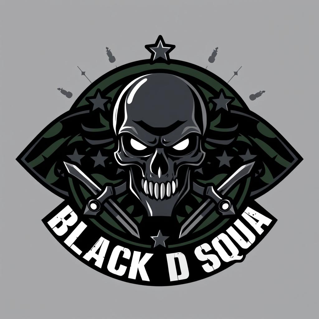 A fierce and sleek emblem representing a black ops squad, featuring a stylized skull with crossbones, surrounded by dark camouflage patterns and tactical elements