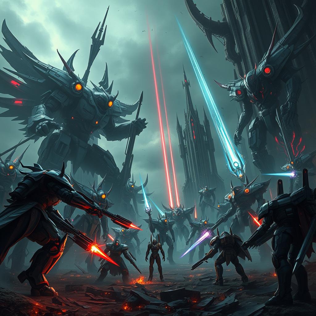 An epic scene combining robots and fantasy elements, infused with abstract shapes and colors