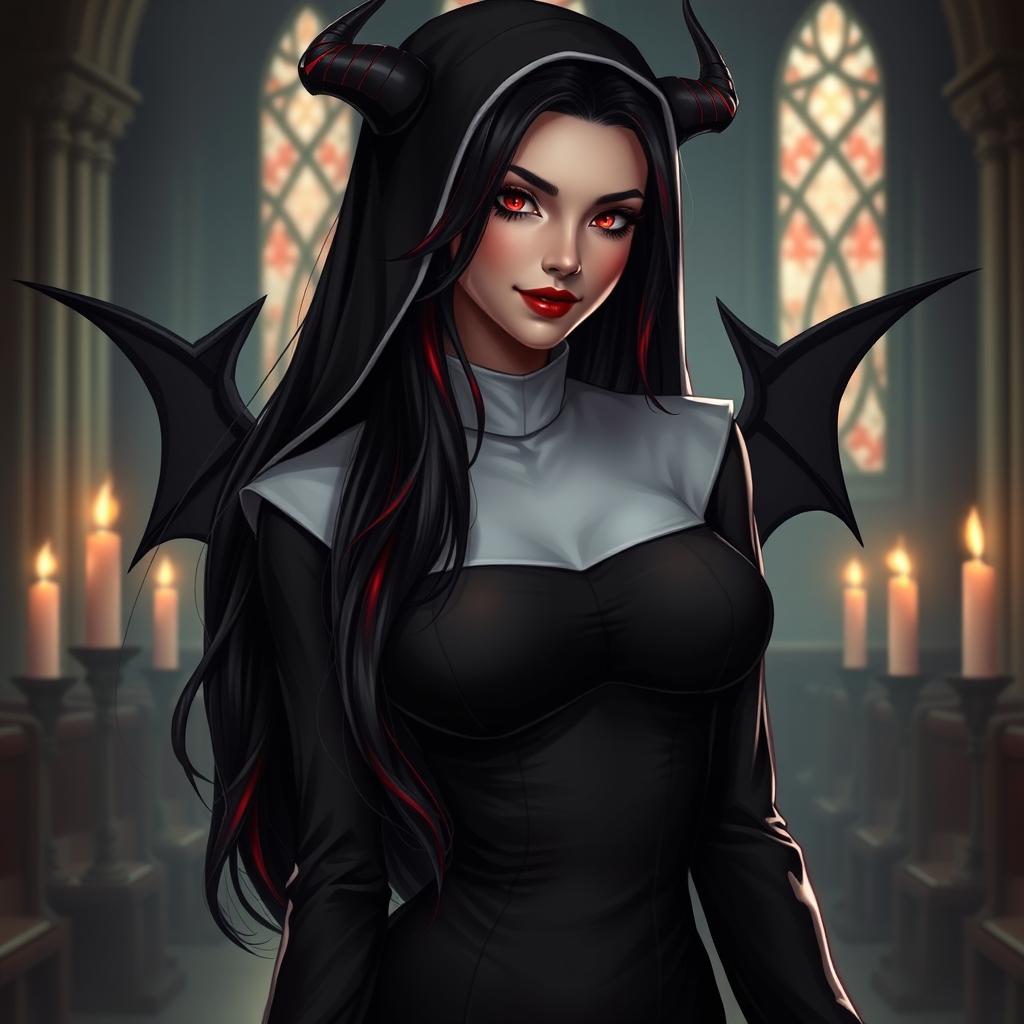 A stunning succubus nun character, with striking features that blend the allure of a succubus with the traditional aspects of a nun