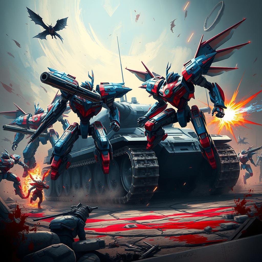 A vibrant and immersive scene featuring an epic battle between robots and fantasy creatures set against an abstract backdrop