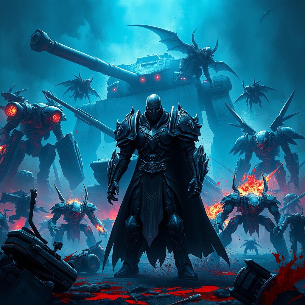 A striking 1440p scene that blends robots, fantasy elements, and abstract motifs, drawing inspiration from Starcraft 2, Armored Core, and Souls-like themes
