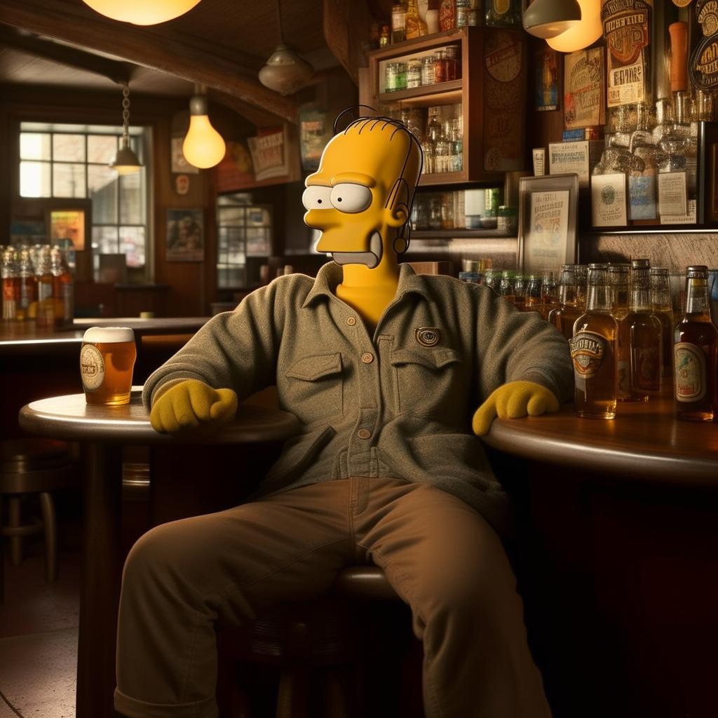 Homer Simpson in Stone Island clothing, laid-back in a comfortably cozy pub setting, beer in hand reveling in his typical pastime.