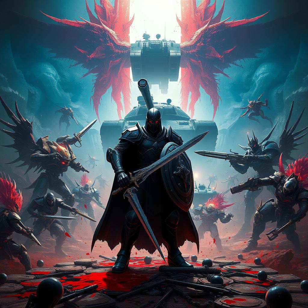 A captivating 1440p scene blending robots, fantasy, and abstract elements, drawing inspiration from Starcraft 2, Armored Core, and Souls-like themes