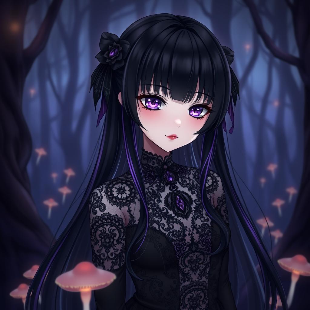 A stunning gothic anime girl with long black hair adorned with dark purple streaks, wearing a detailed black lace dress with intricate patterns