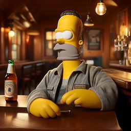 Homer Simpson in Stone Island clothing, laid-back in a comfortably cozy pub setting, beer in hand reveling in his typical pastime.