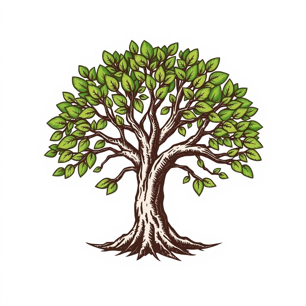 A beautifully designed tree logo that is hand-drawn, featuring intricate details of leaves and branches