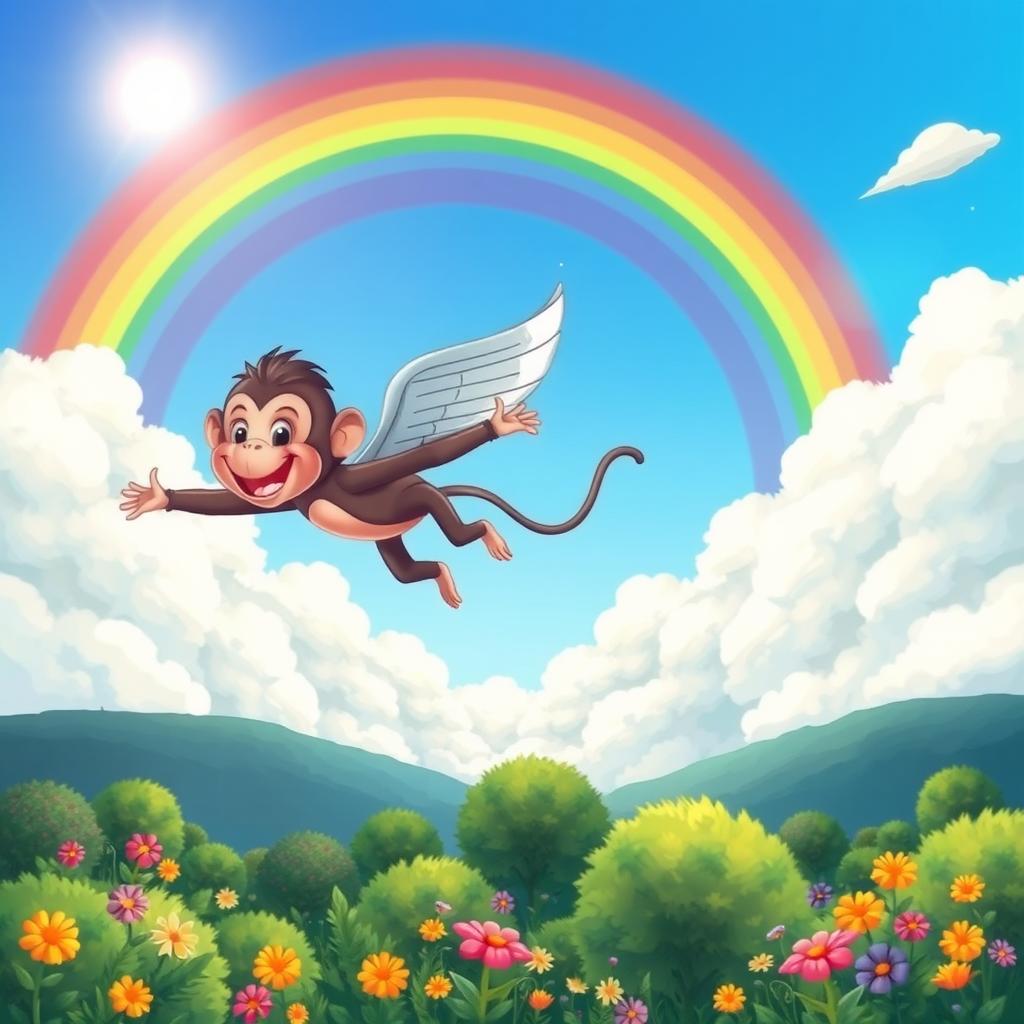 A whimsical flying monkey soaring through a bright, sunny sky, with fluffy white clouds and a vibrant rainbow in the background