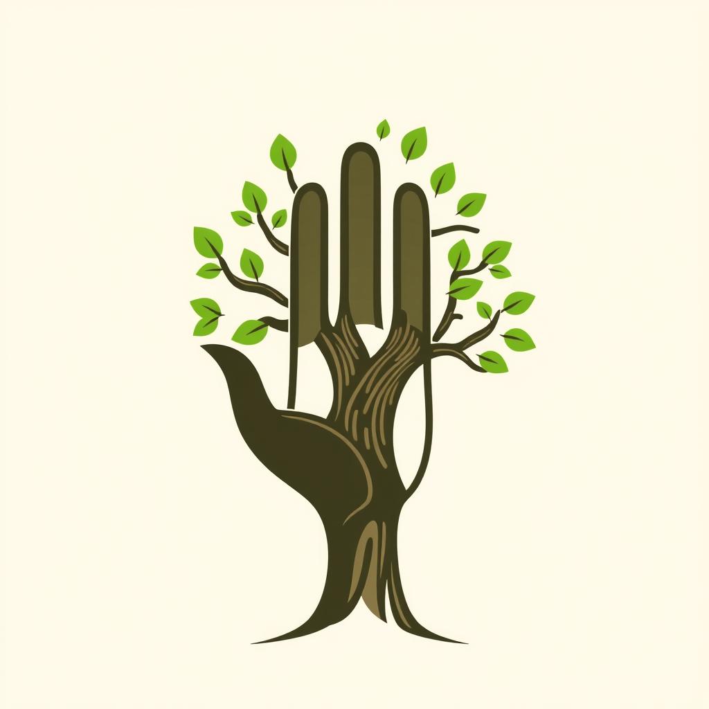 A modern and minimalistic logo design featuring a stylized hand integrated with a tree