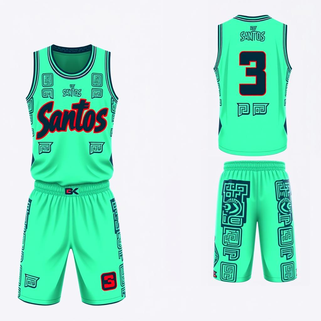 A basketball sports uniform featuring stylish lateral patterns in the form of Mayan glyphs