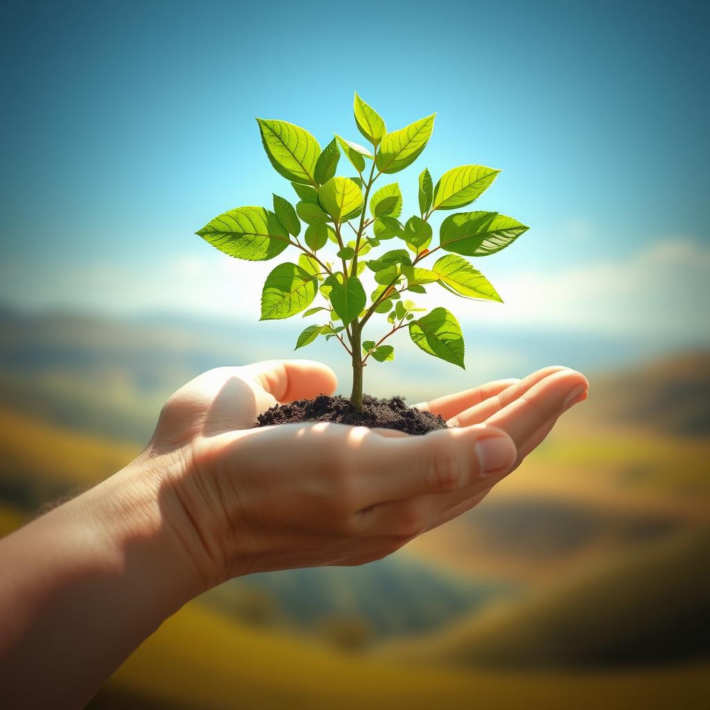 A beautifully detailed and artistic representation of a hand gently cradling a small, lush green tree sapling