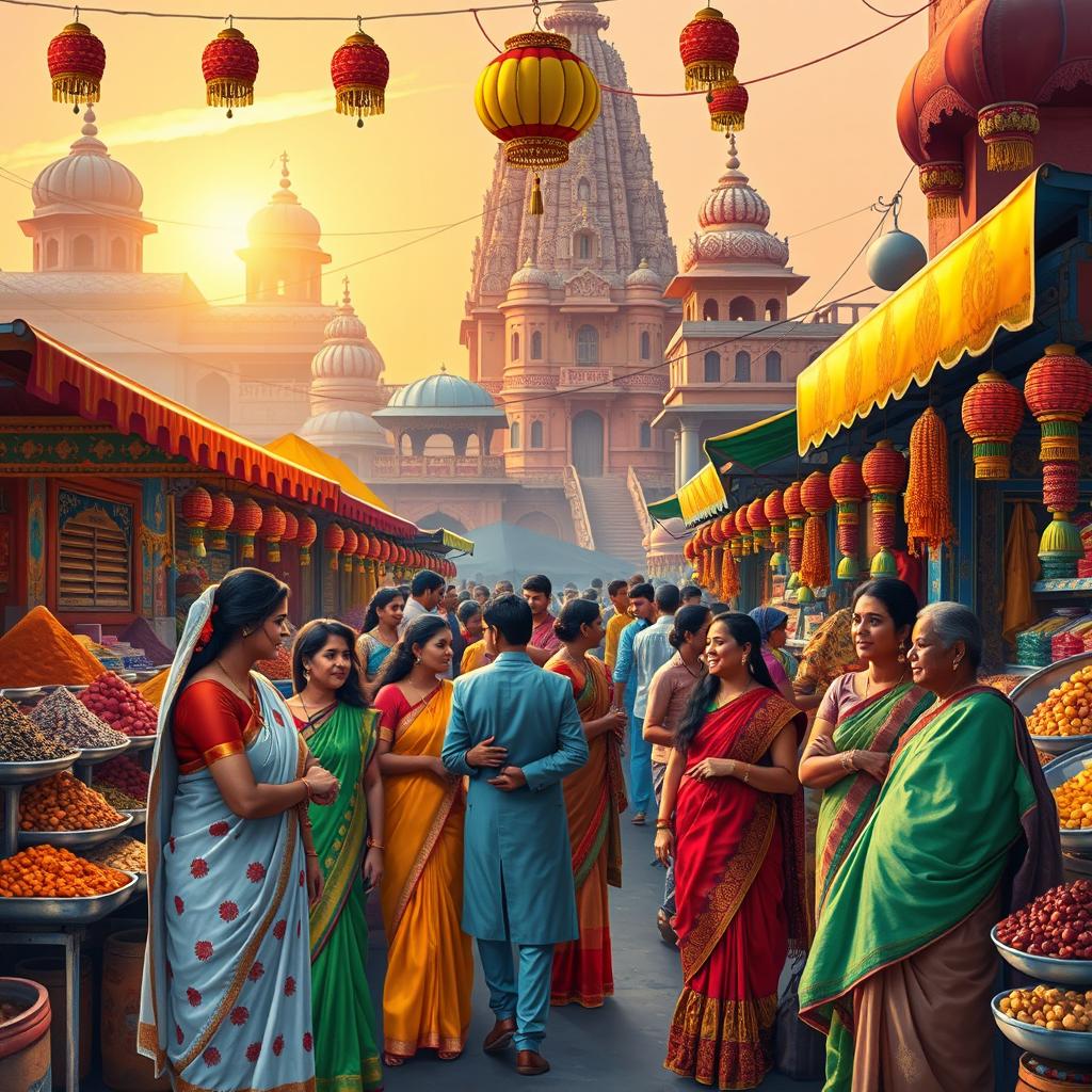 A vibrant and colorful depiction of Indian culture, showcasing a traditional Indian market filled with spices, textiles, and street food