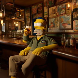 Homer Simpson in Stone Island clothing, laid-back in a comfortably cozy pub setting, beer in hand reveling in his typical pastime.