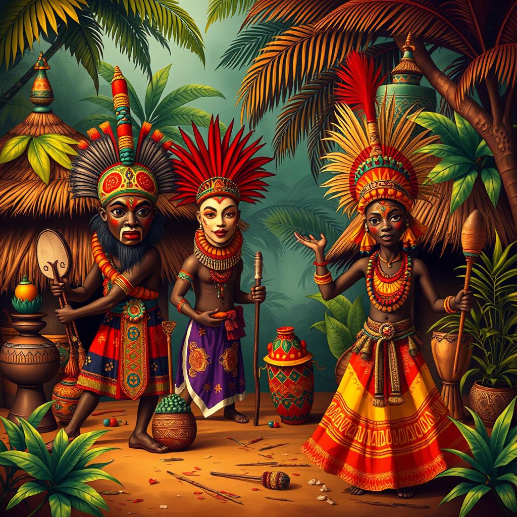 A visually vibrant and culturally rich representation of the challenges posed by Candomblé Bantu and its connection to the Yoruba syncretism