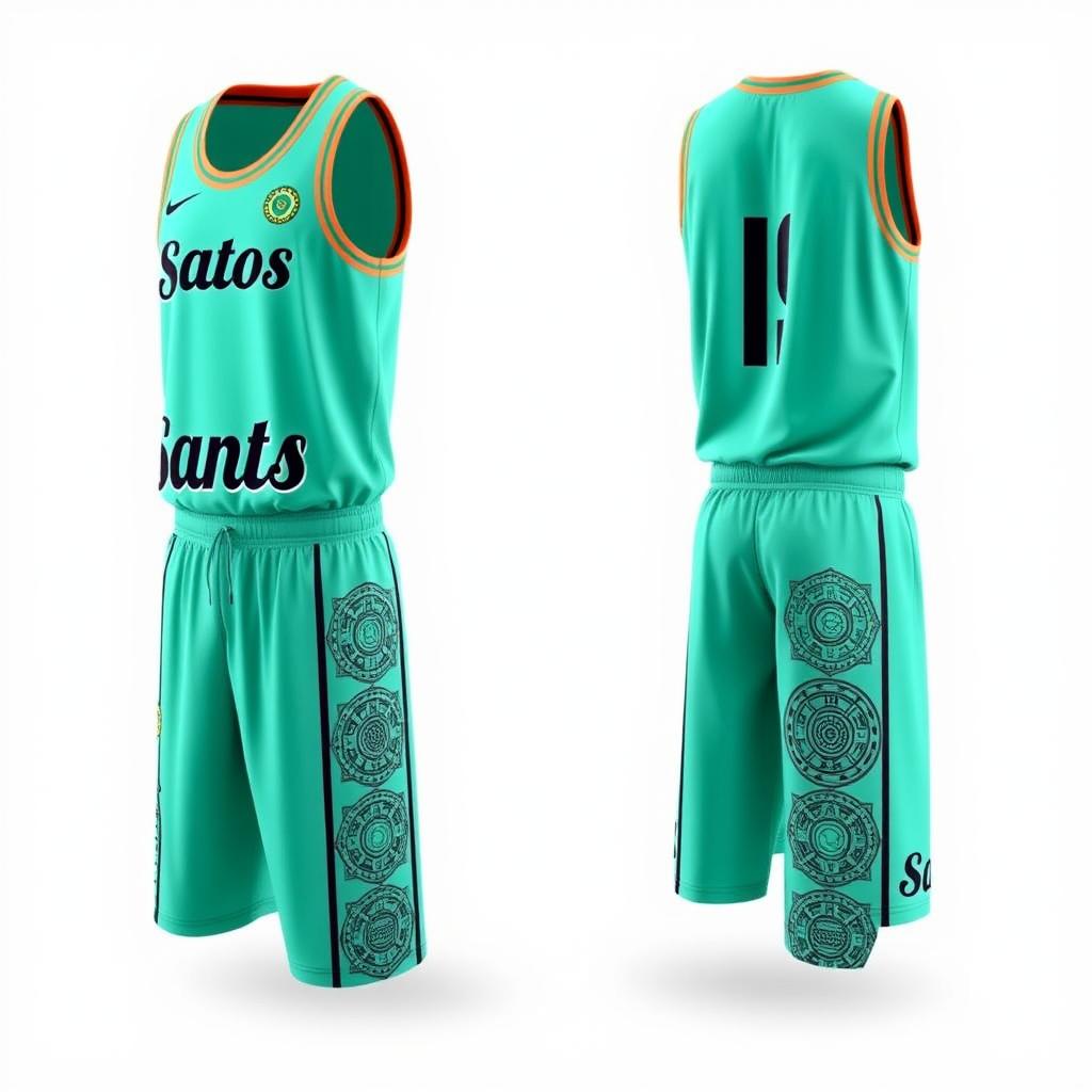 A basketball sports uniform featuring side stripes with intricate Mayan calendar patterns