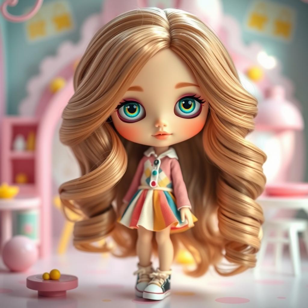 A Blythe doll designed to resemble the user's features, with big, expressive eyes in a vibrant color, long flowing hair styled in soft waves, and a playful, sweet expression