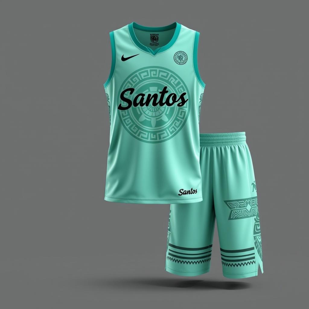 A basketball uniform featuring a mint green jersey with Maya calendar designs as a shadow on the front