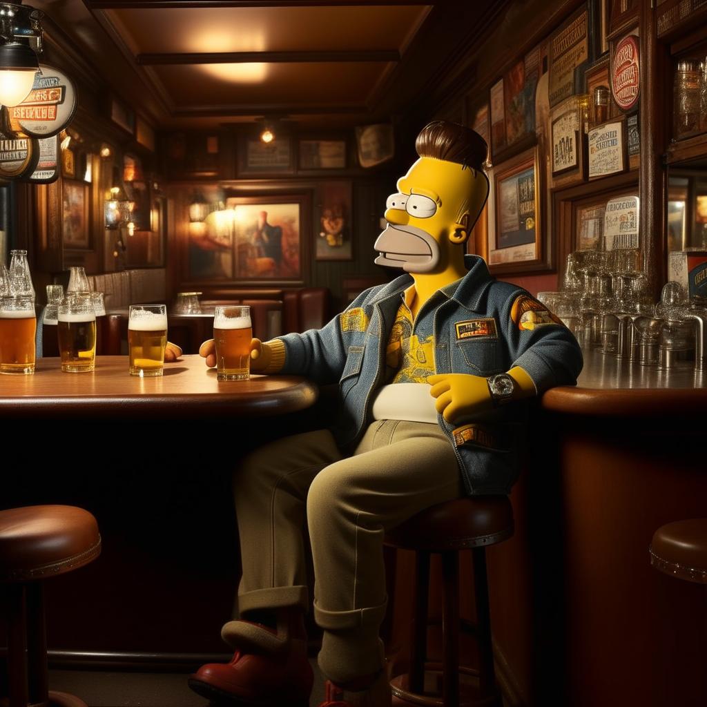 Homer Simpson in Stone Island clothing, laid-back in a comfortably cozy pub setting, beer in hand reveling in his typical pastime.