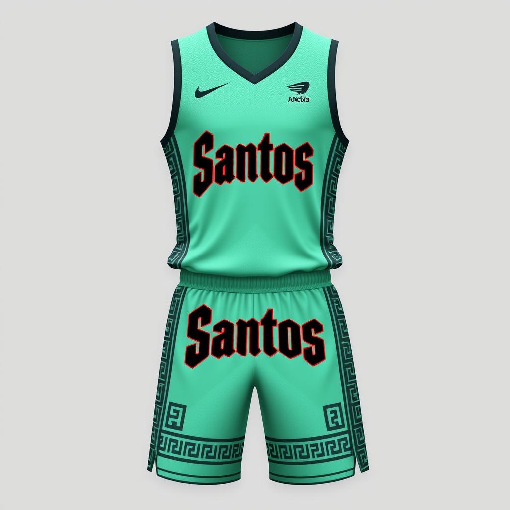 A basketball sports uniform design featuring a mint green jersey with Mayan calendar shading incorporated into the fabric