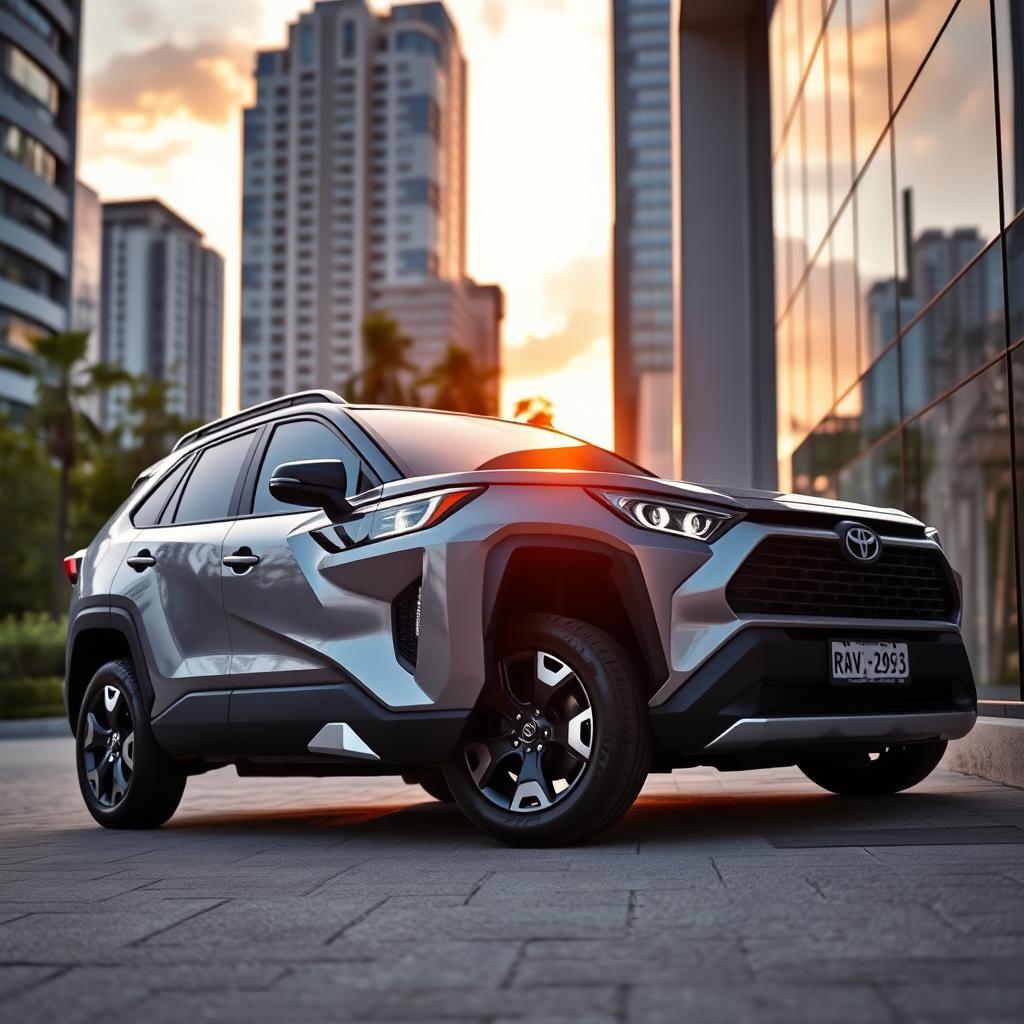 A sleek and modern Toyota RAV4 parked in an urban setting, showcasing its sporty design and stylish features