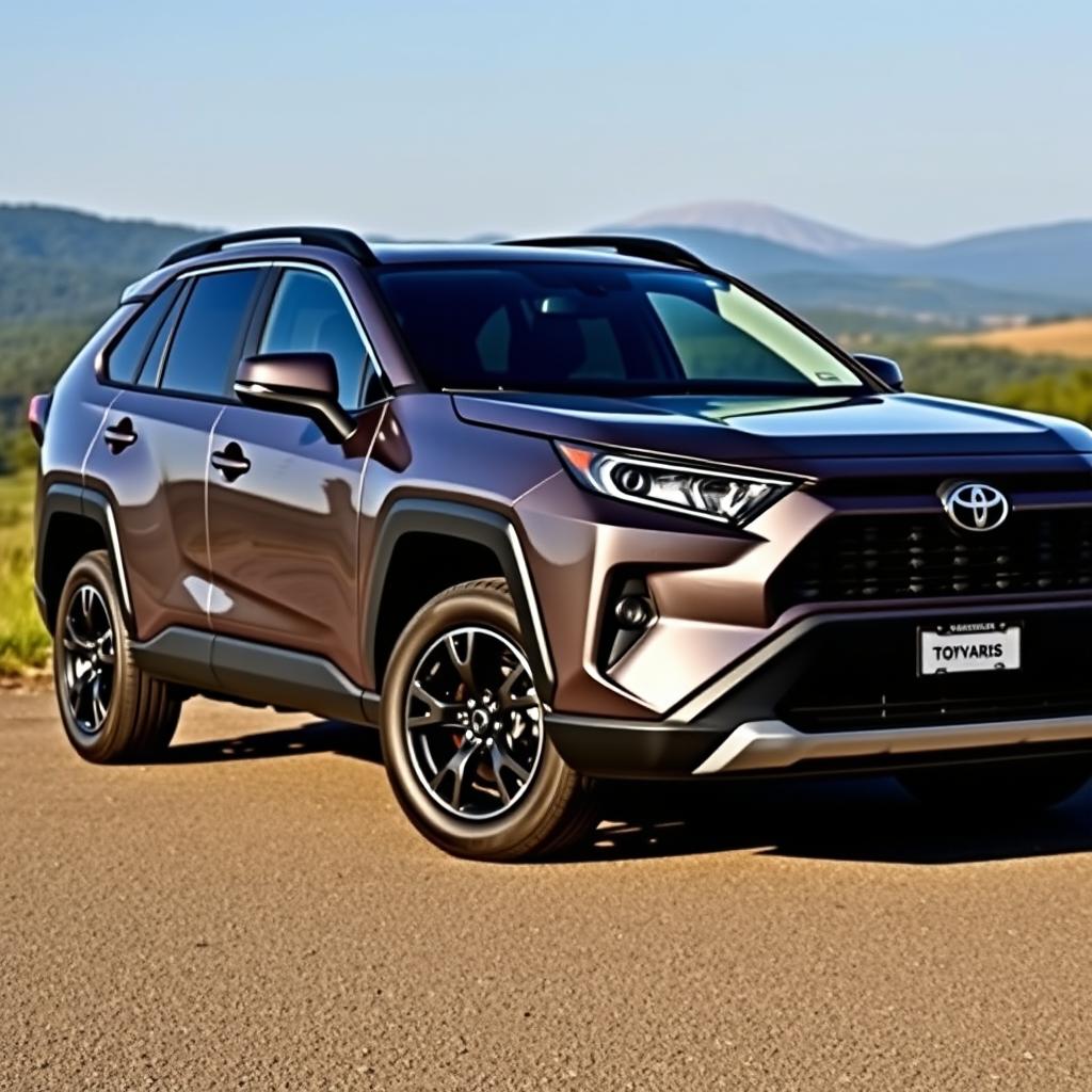 A sleek and modern Toyota RAV4 parked in a picturesque outdoor setting, showcasing its stylish design and robust features