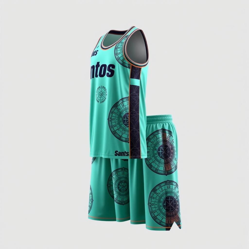 A basketball uniform featuring vibrant mint color, adorned with intricate Mayan calendar designs as shading on both the jersey and shorts